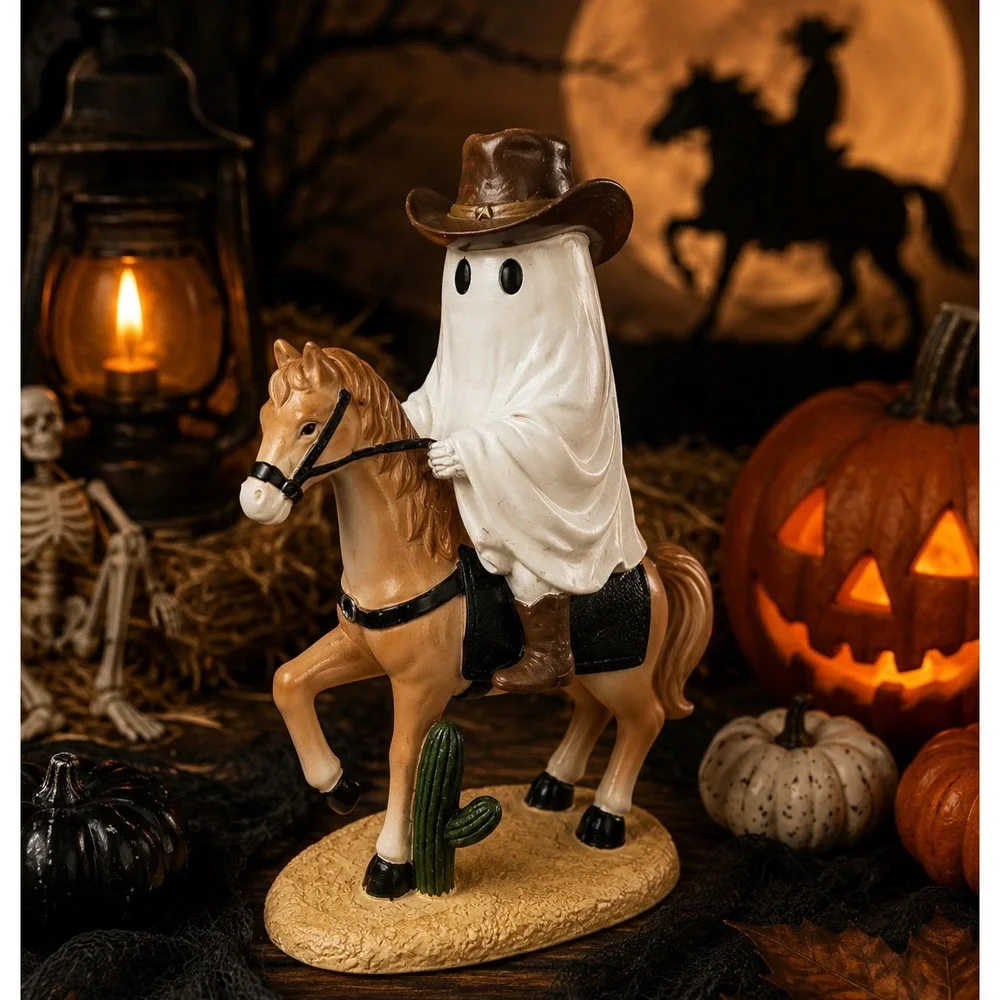 Unbranded Cowboy Ghost Riding Horse Figurine 9in Tan New Halloween Western Decor